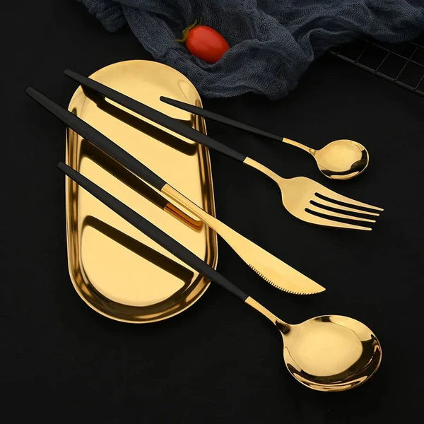 24 Pcs Premium Stainless Steel Dining Cutlery Set Golden & Black